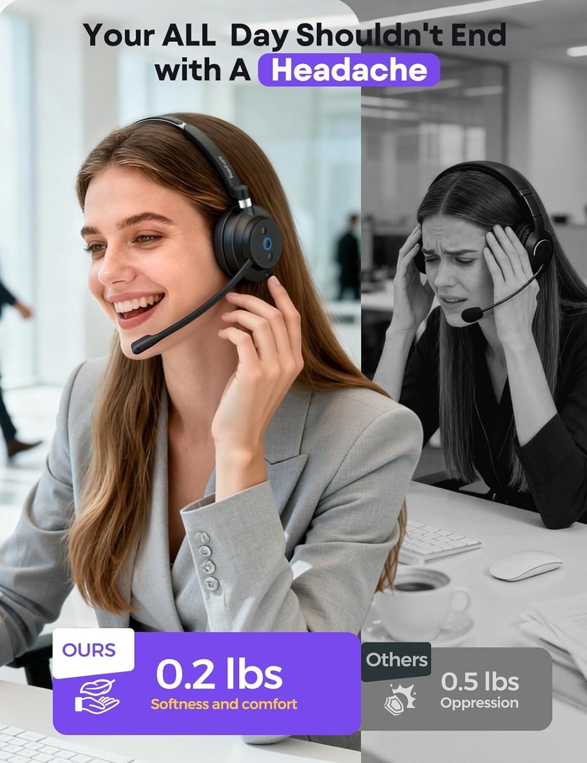 Wireless Headset Clear Sound ＆ Comfortable USB Dongle Microphone for Call Center