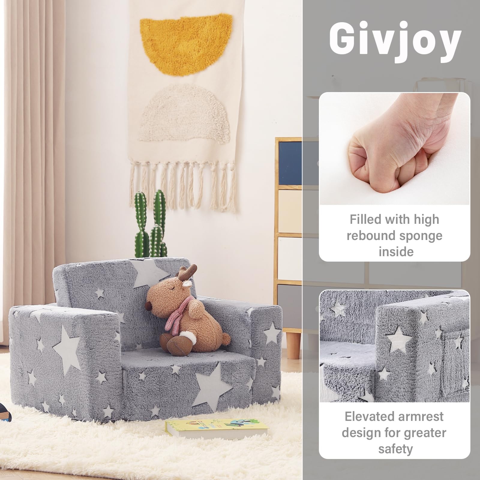 Toddler Chair Plush Kids Couch, 2-in-1 Glow in The Dark Comfy Armchair Remova...