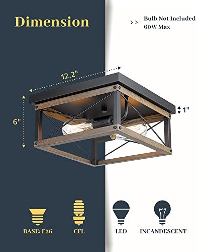 12-Inch Farmhouse Flush Mount Ceiling Light, 2-Light Square Rustic Ceiling