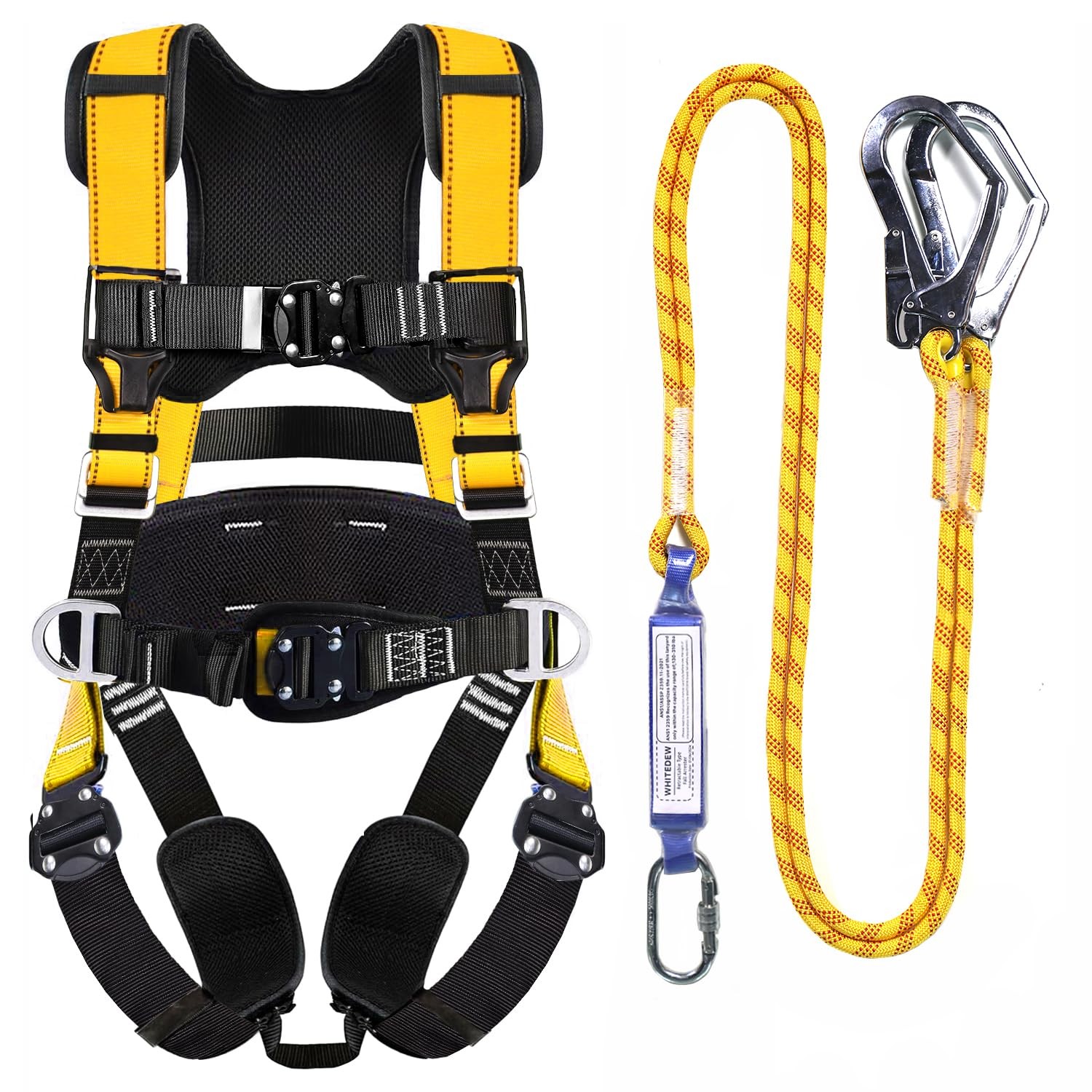 Fall Protection Premium Safety Harness with Shock Absorbing Lanyard, Vented &...