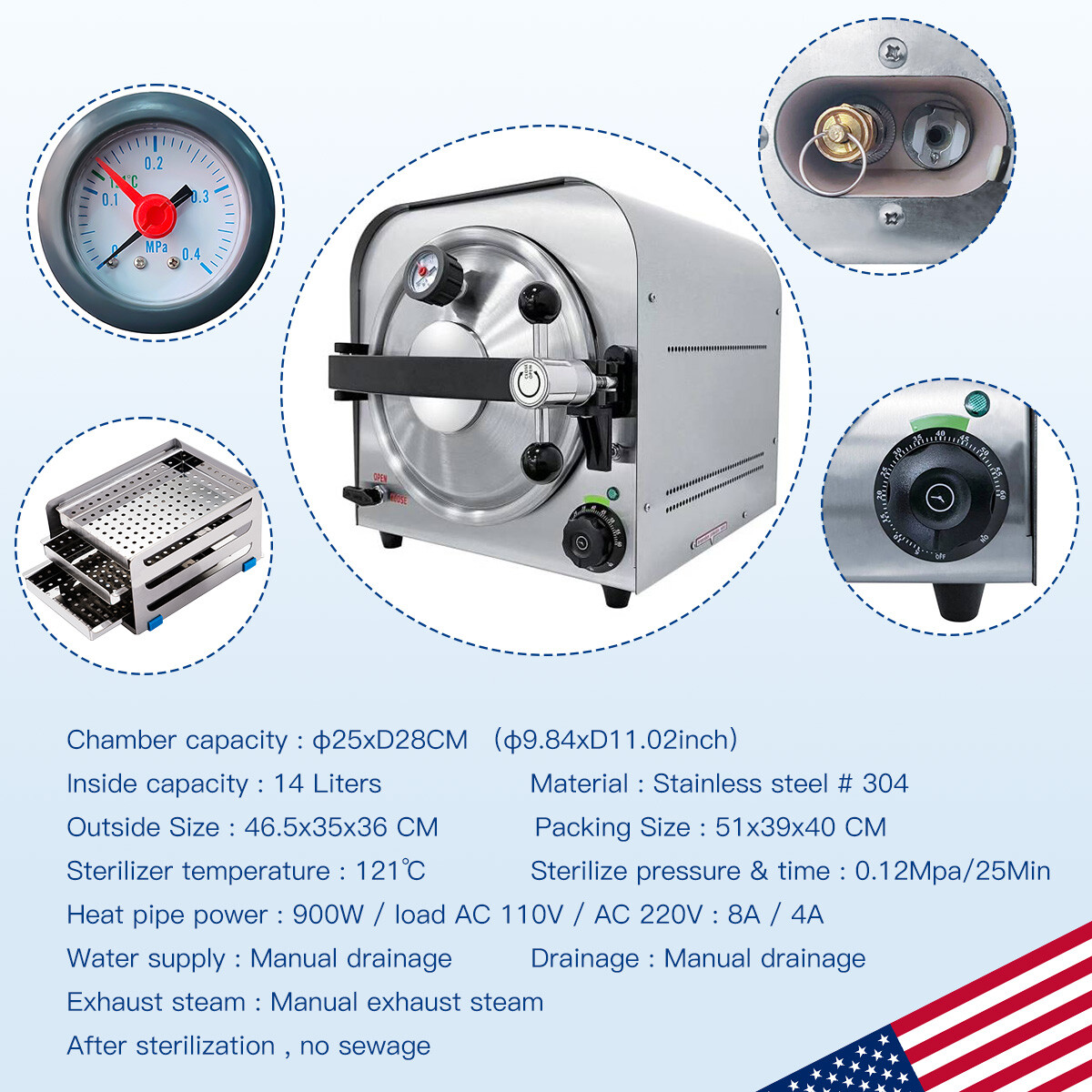14L Dental Esterilizador de Autoclave de Vapor Equipo de Esterilización