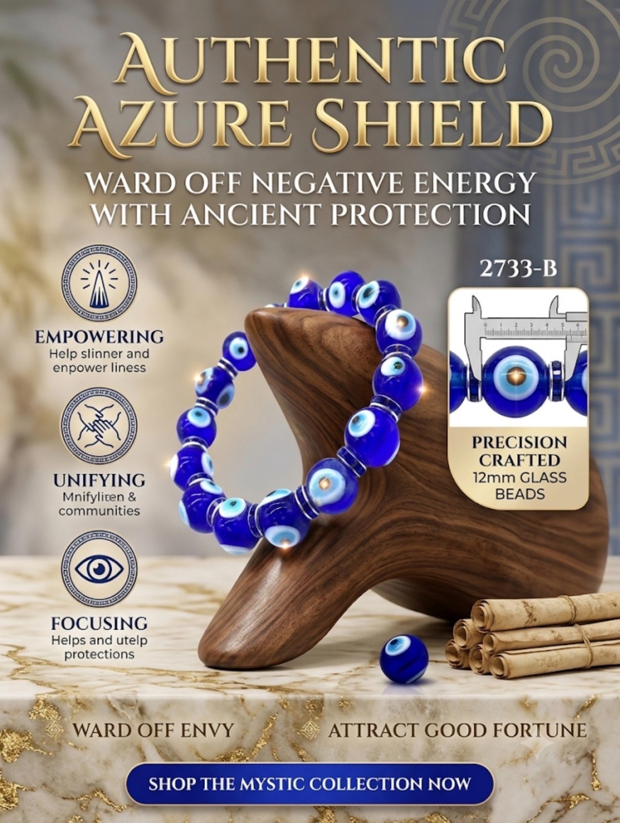 Evil eye Blue Glass 12mm Bead Stretch  Bracelet  #2733