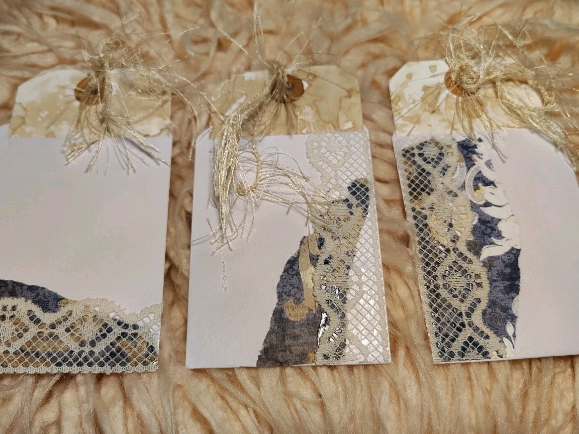 Junk Journal pockets Set of 3 Handmade White Blue Tan lace W/ Tags Funky String