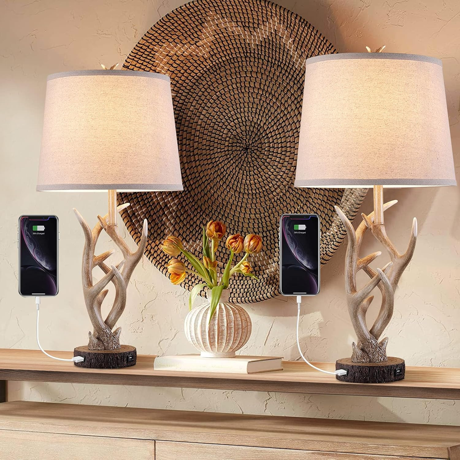 Rustic Western Lamp Set of 2 - 26" Farmhouse Table Lamp with 2 USB Ports, Natura
