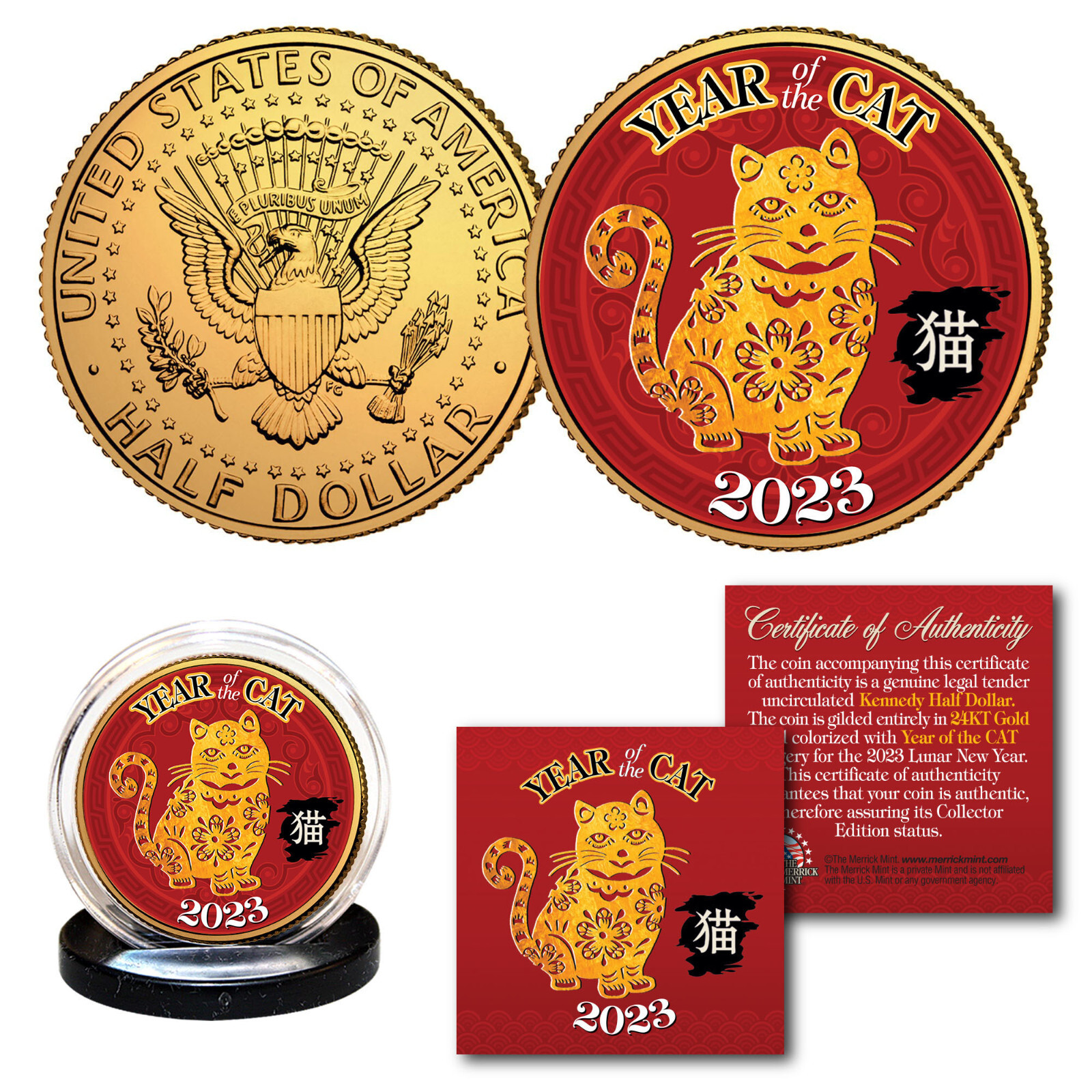 2023 Vietnamese New YEAR OF THE CAT 24K Gold Plated JFK Kennedy Half Dollar Coin