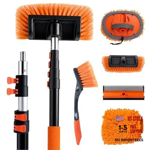 17ft Telescopic Pole with Car Wash Brush and Window Squeegee Kit, 3-12 ft