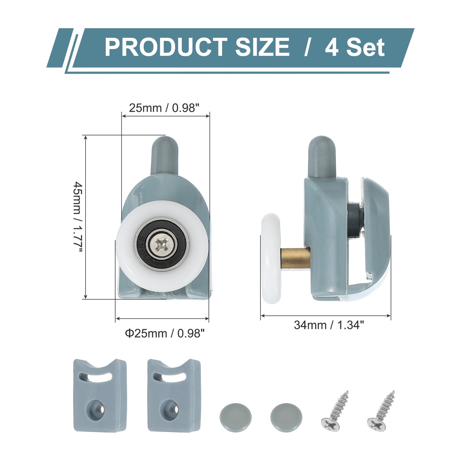 4Pcs 25mm Single Shower Door Rollers Plastic Bottom Wheels Pulleys Guide Grey