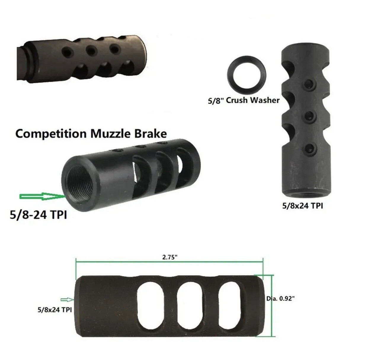 Steel 5/8X24 TPI Thread Competition Muzzle Brake Compensator For .308