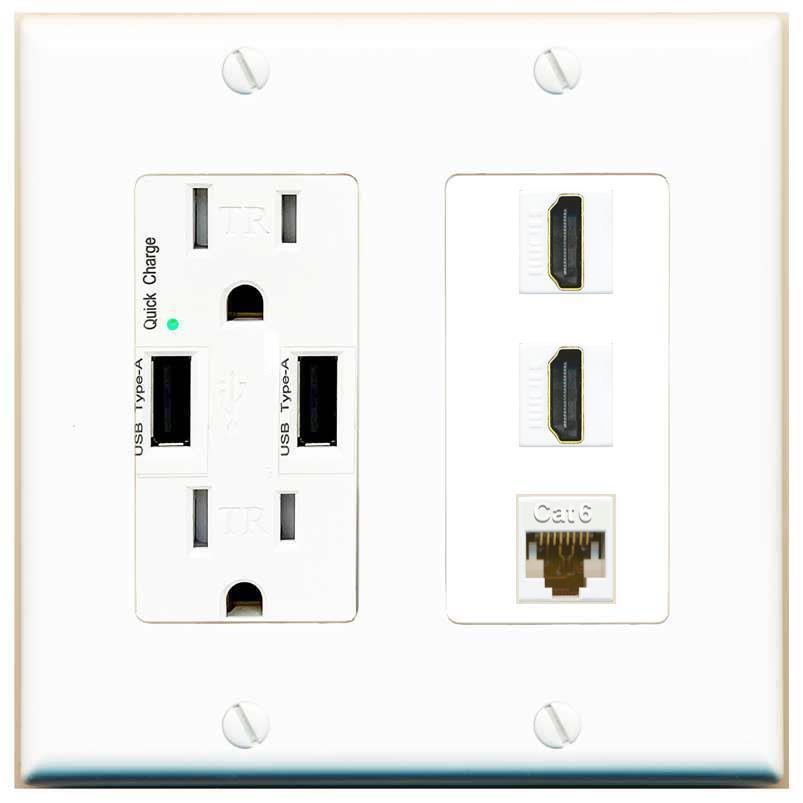 1 Port CAT6 2 HD Wall Plate-USB Charger White