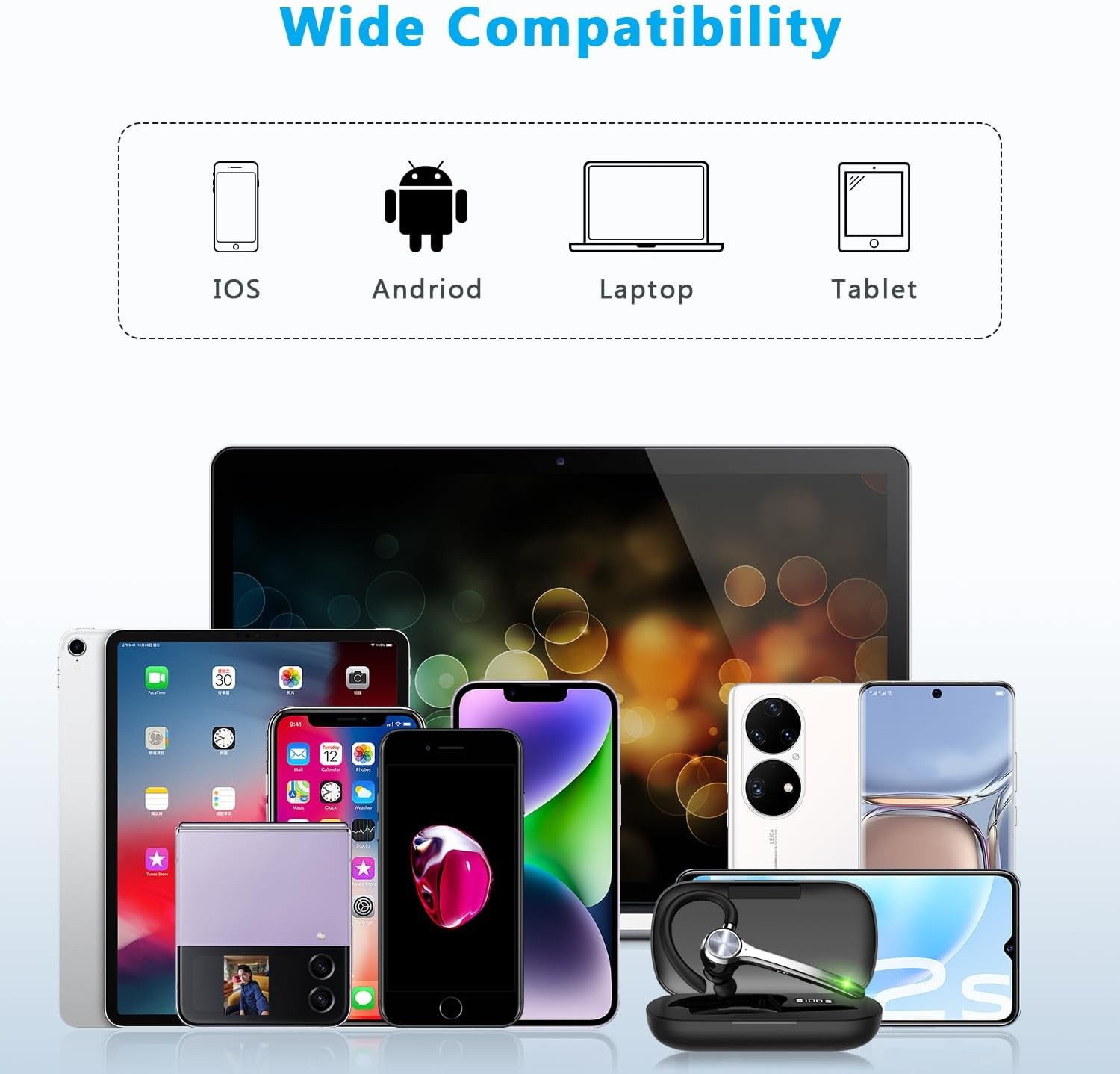 Bluetooth Headset, Wireless Bluetooth Earpiece with 500mAh Charging Case