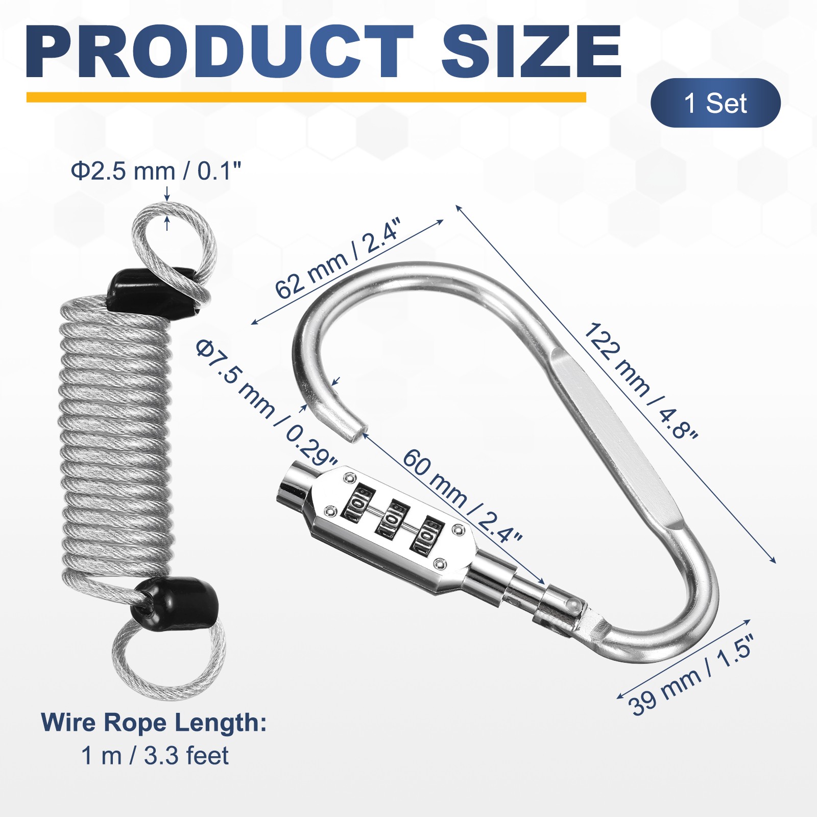 3.3Ft Security Cable Lock Steel Safety Cable with 4.8" Combination Lock Silver