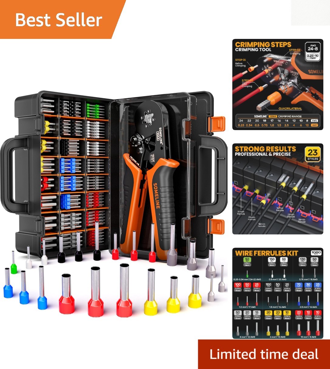 Ergonomic Ferrule Crimping Tool Kit with 1080 Ferrules - Heavy Duty & Portable