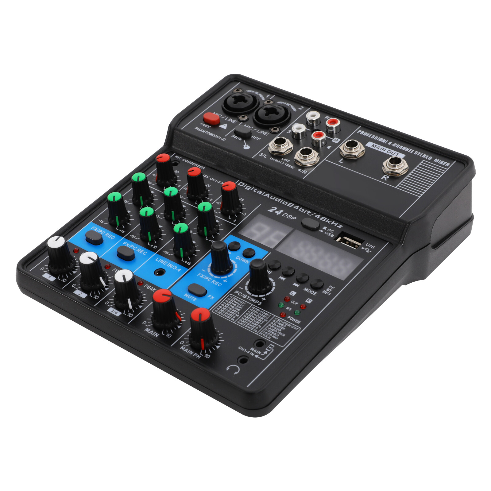 Mini Audio Mixer Bluetooth USB DJ Console 4 Channel Karaoke Live Studio 24 DSP