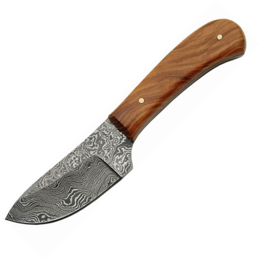 Real Damascus Skinner Mini Hunter Fixed Blade Full Tang Olive Wood Hdl Knife 6"