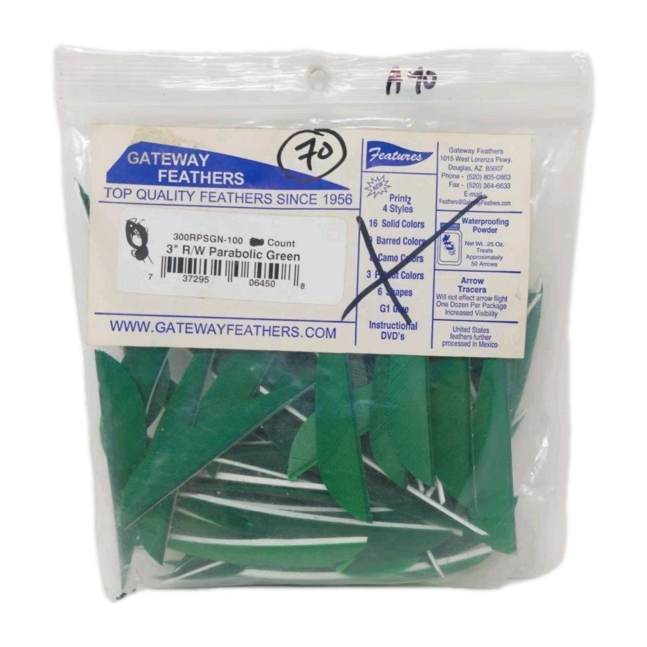 70 Count Gateway Arrow Feathers 3" Right Wing: Parabolic Forest Green
