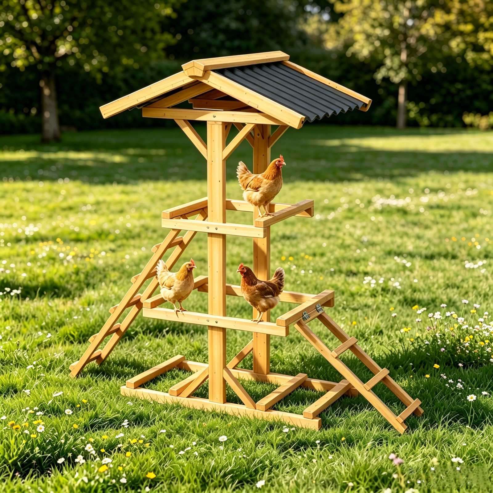 Backyard Chicken Coop Perch,Weatherproof Chicken Roosting Bars w/Roof, 2 Ladder