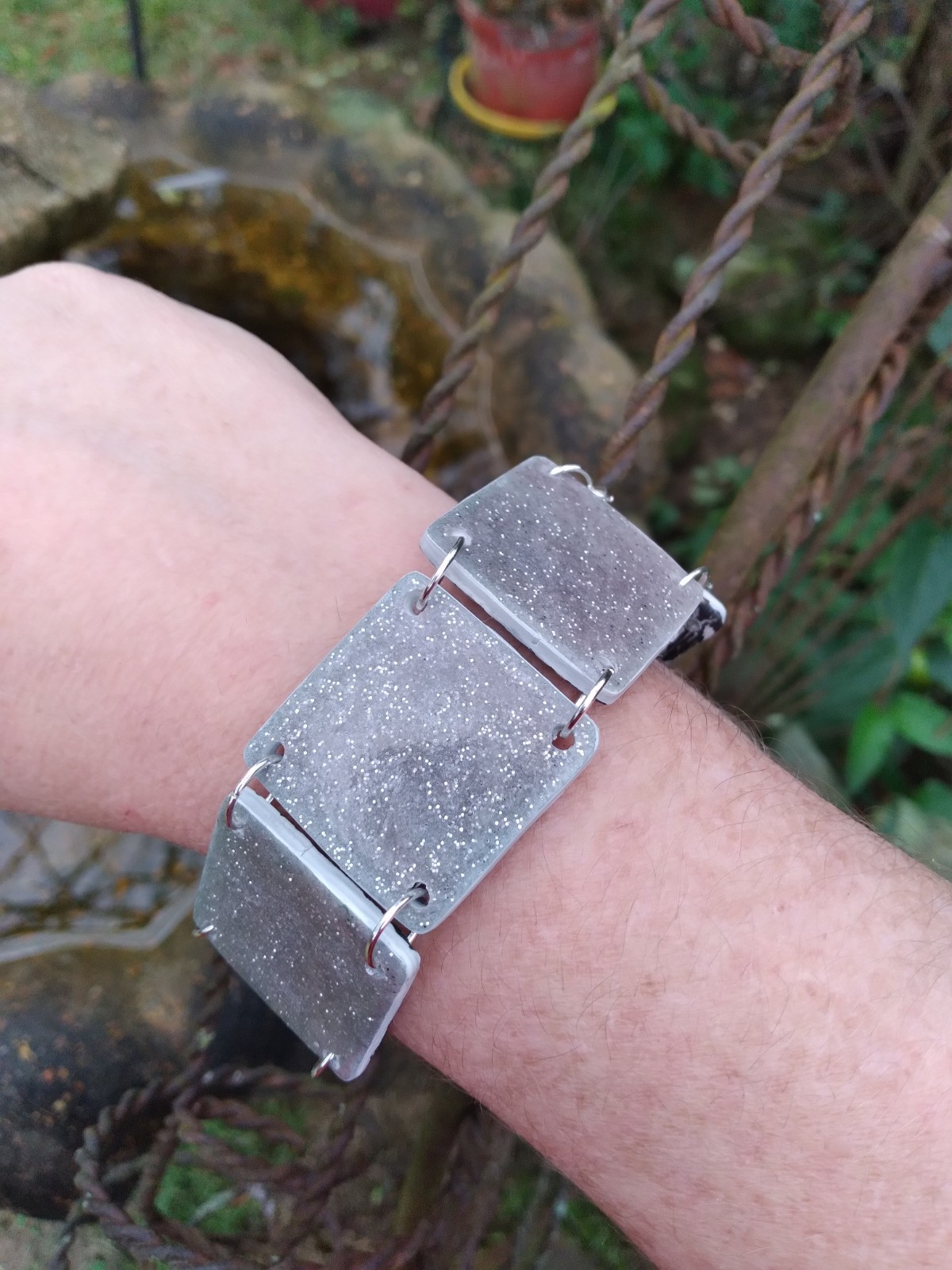 Handcrafted Reversible Polymer Clay Resin Silver Bracelet Black Gray White