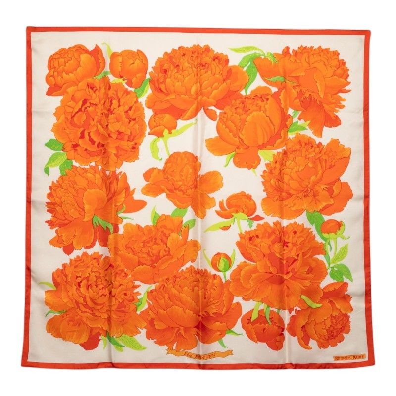 Hermès Carre 90 Les Pivoines Scarf White Orange Silk Ladies