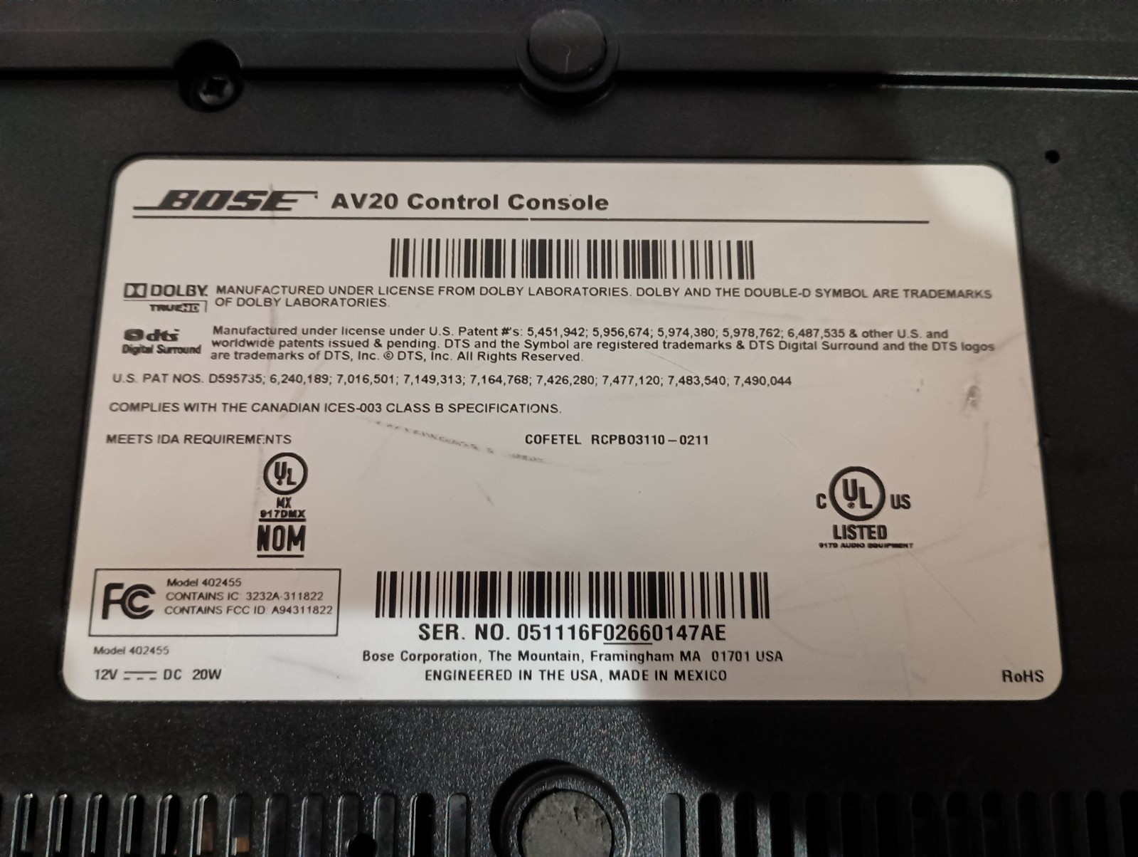 Bose AV20 Control Console Pre-Power Supply, Remote Not Included, Untested