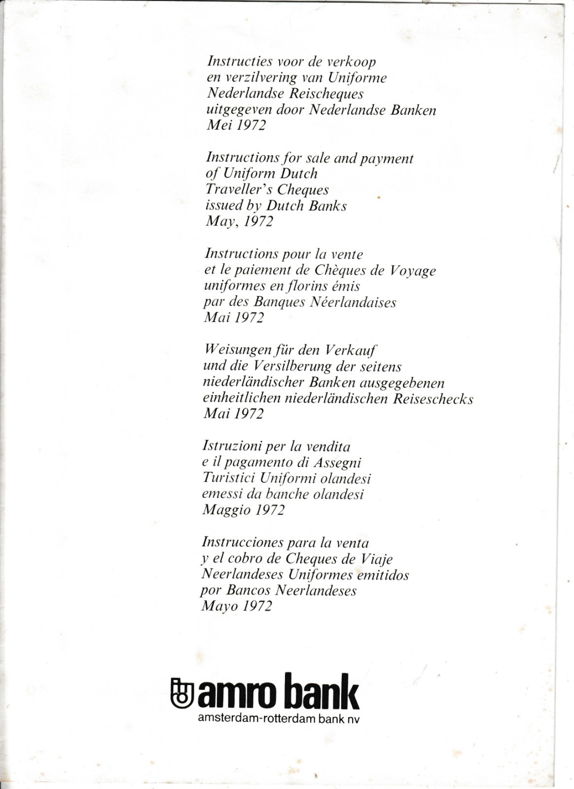 AMRO BANK 3 SPECIMEN TRAVELLERS CHEQUE ON LEAFLET