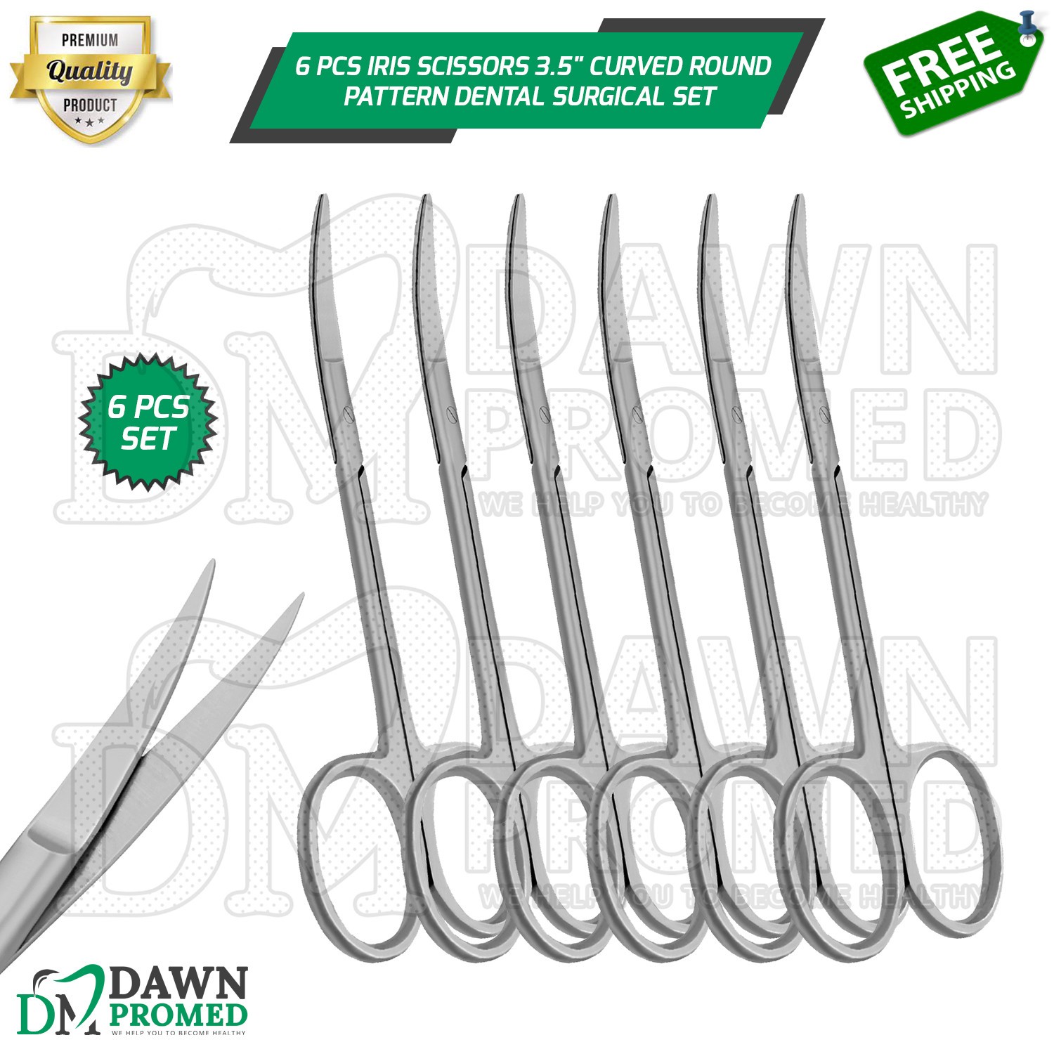 6 Pcs Iris Scissors 3.5” Curved Round Pattern Dental Veterinary Surgical Set