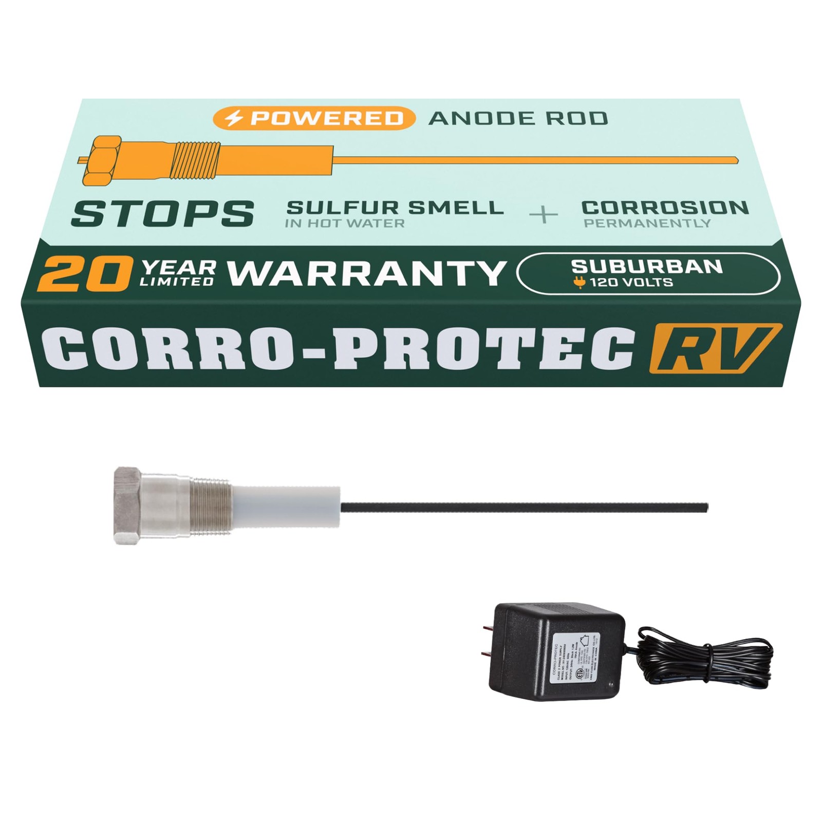 Corro-Protec RV Anode Rod for Hot Water Heater, 20-Year Warranty Powered Anode