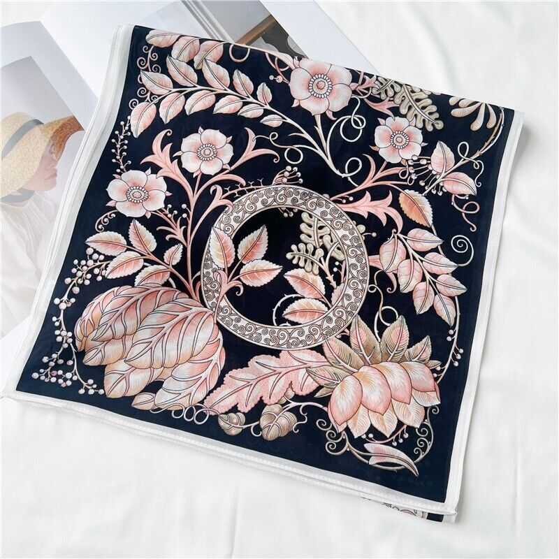 Flower Print Mulberry Silk Crepe Shawl Neckerchief Oblong Scarf Black/Pink