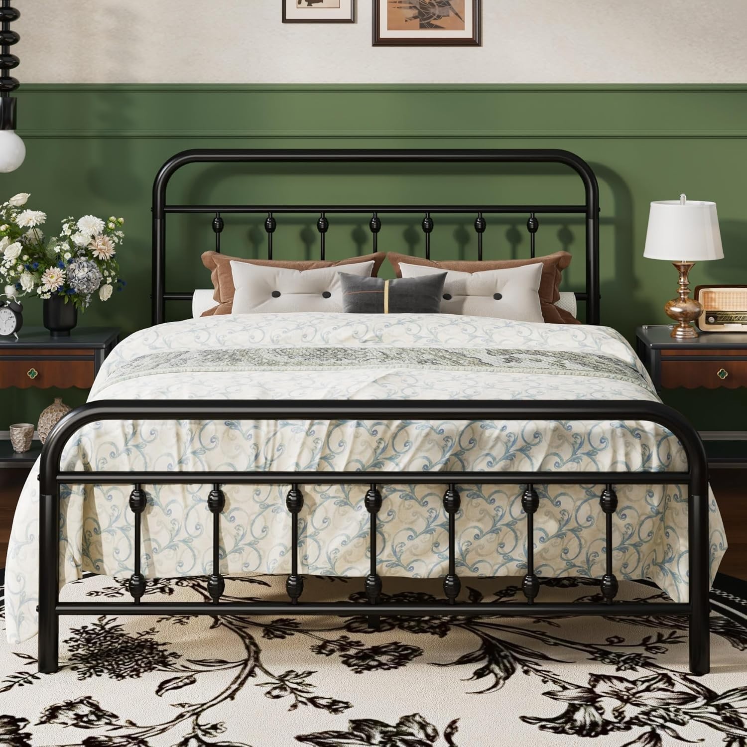 Queen Size Metal Platform Bed Frame with Victorian Style Iron-Art Headboard and