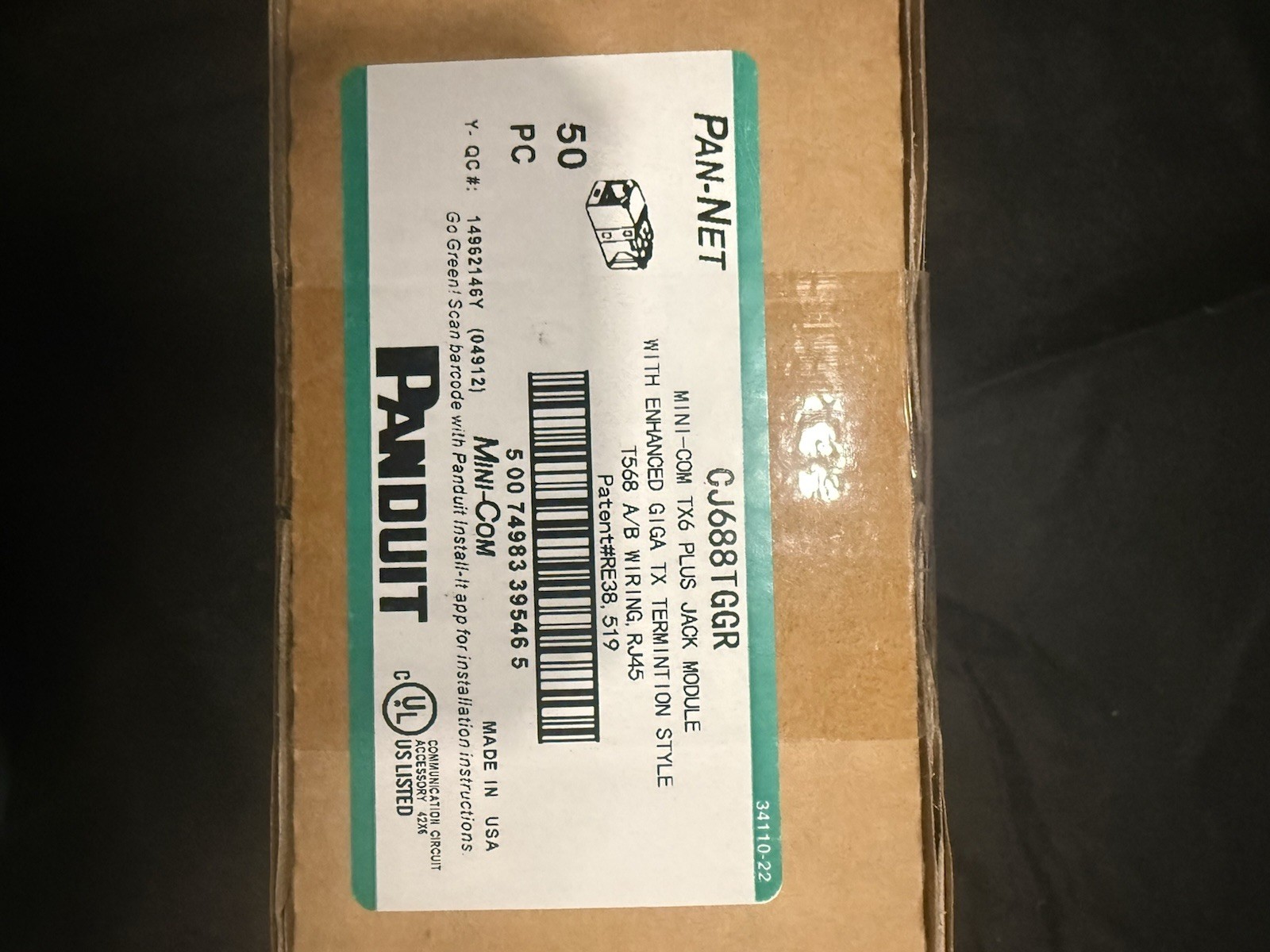 Panduit Mini-Com TX6 Plus CJ688TGGR RJ45 Jack Module Green 50pc