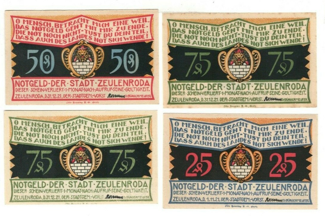1921/22 Four Different Notgeld 25,50,75(2)pf  Zeulenroda, Germany  3.75” x 2.3”