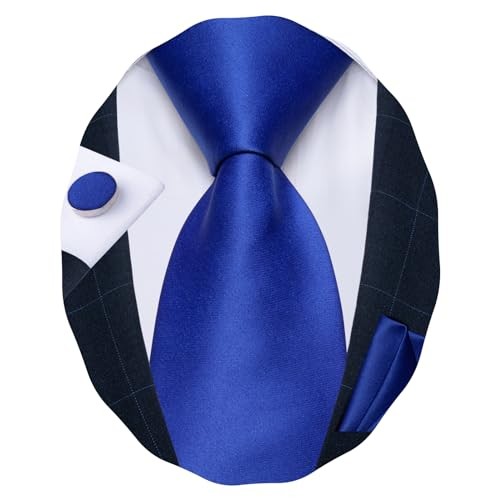 Mens Solid Tie Set Satin Necktie Hanky Cufflinks Set Party Wedding Royal Blue