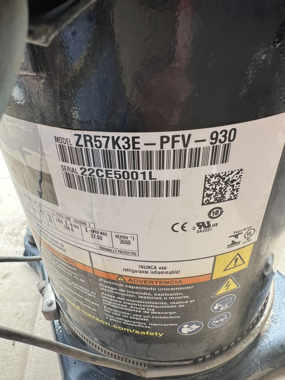 COPELAND SCROLL COMPRESSOR  Model  ZR57K3E - PFV-930 Year 2025- 220v  single ph