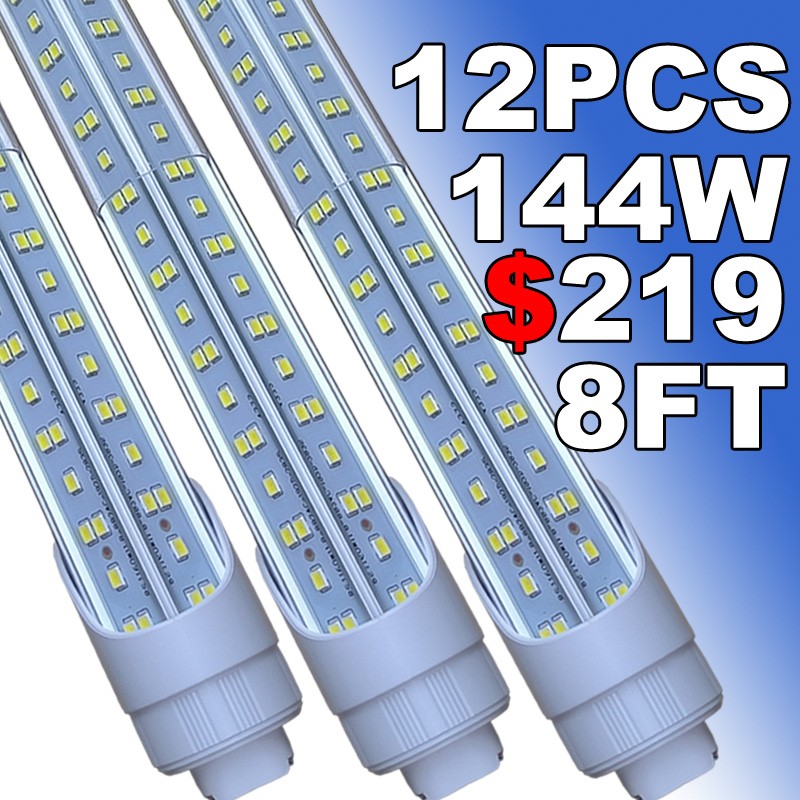 T8 8FT R17D HO Led Tube Light Bulbs 8 Foot 144W 8' Led Shop Light 6500K 12PACS