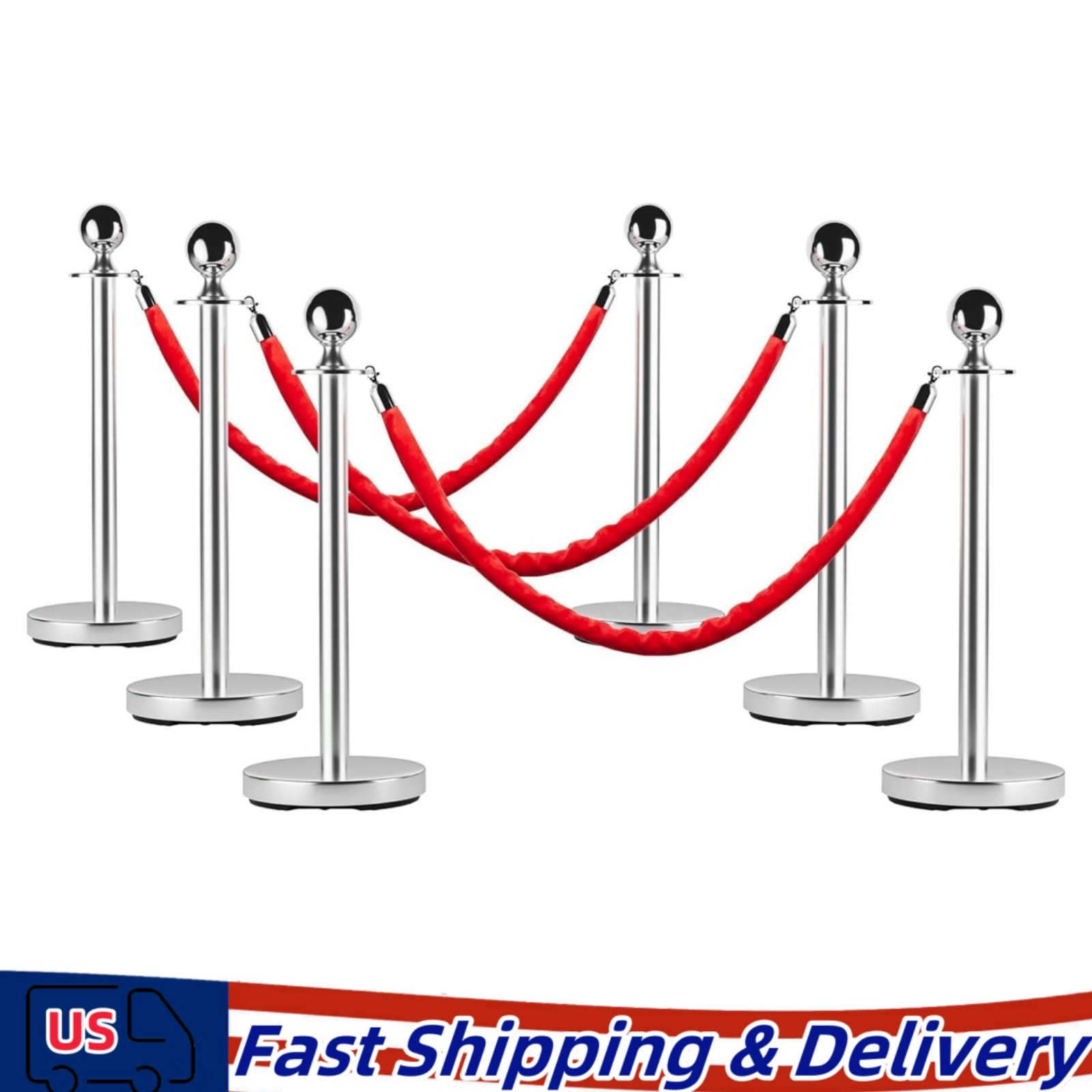 6Pcs Stanchion Post Queue Barrier Crowd Control Sand Injection Base Silver