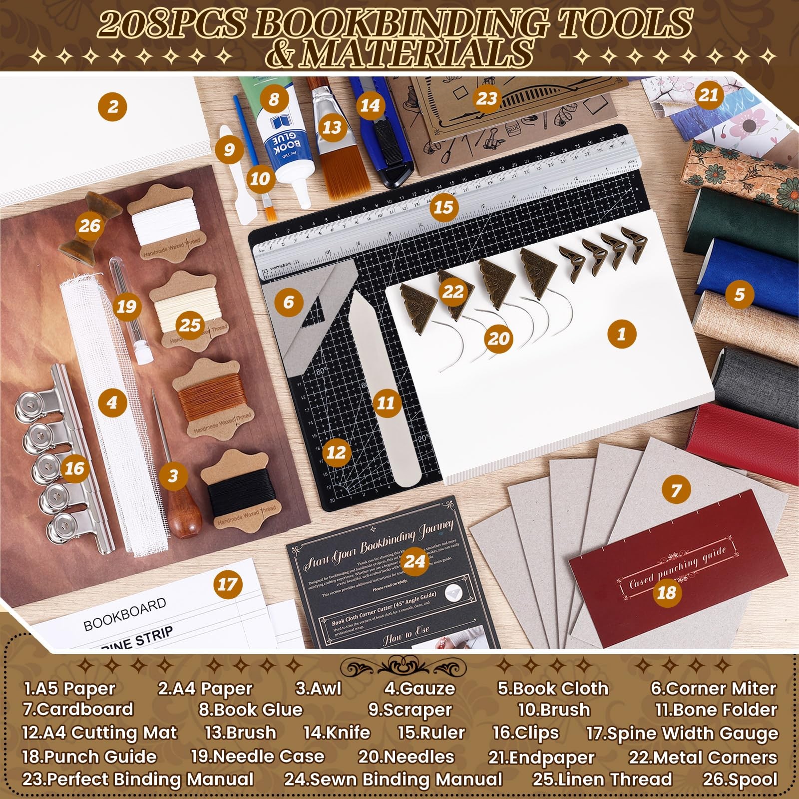 208 Pcs Book Binding Kits for Beginners,Complete Bookbinding Kit with Instruc...