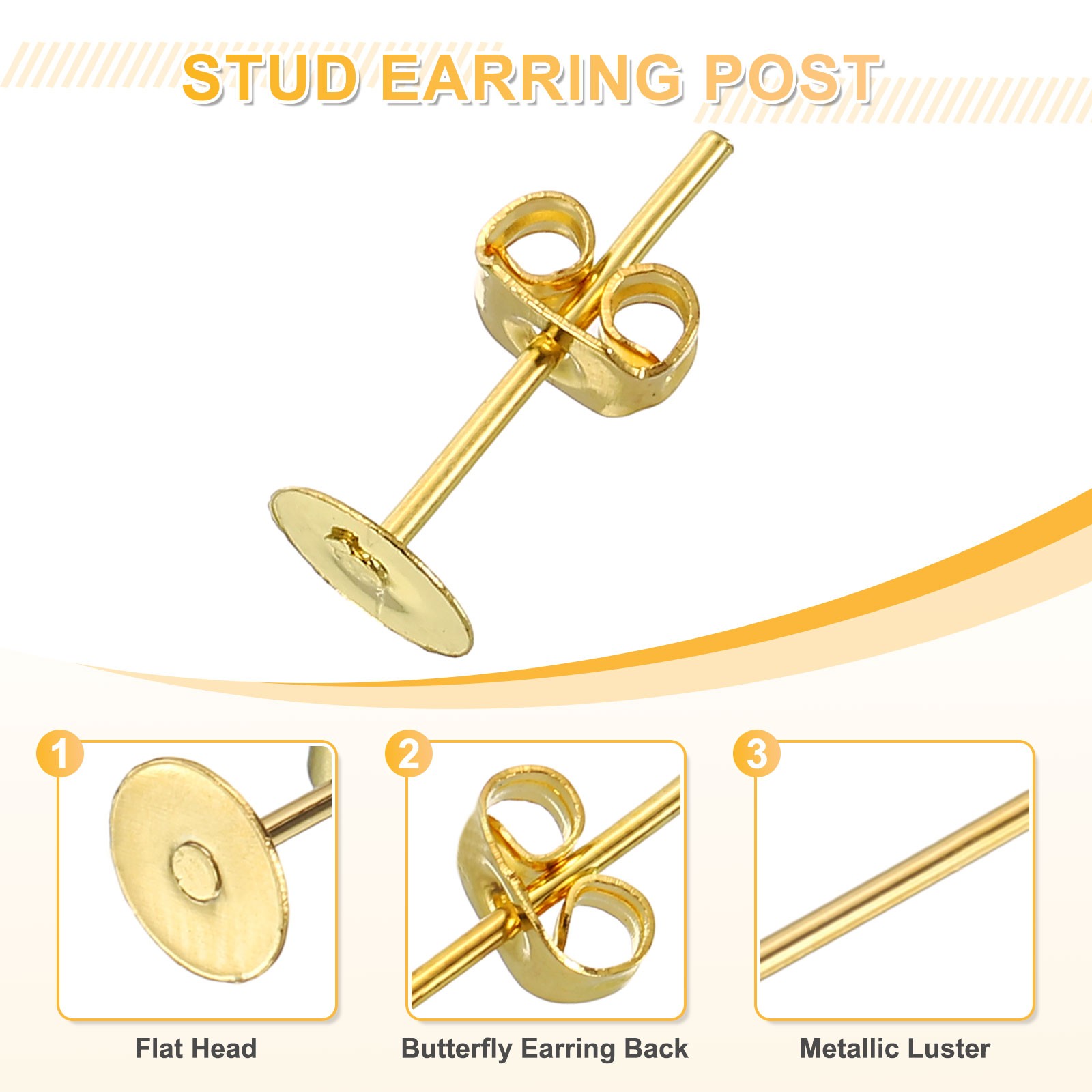 100Pcs Earring Posts and Backs, 5mm/0.2inch Earring Tray Studs, Gold