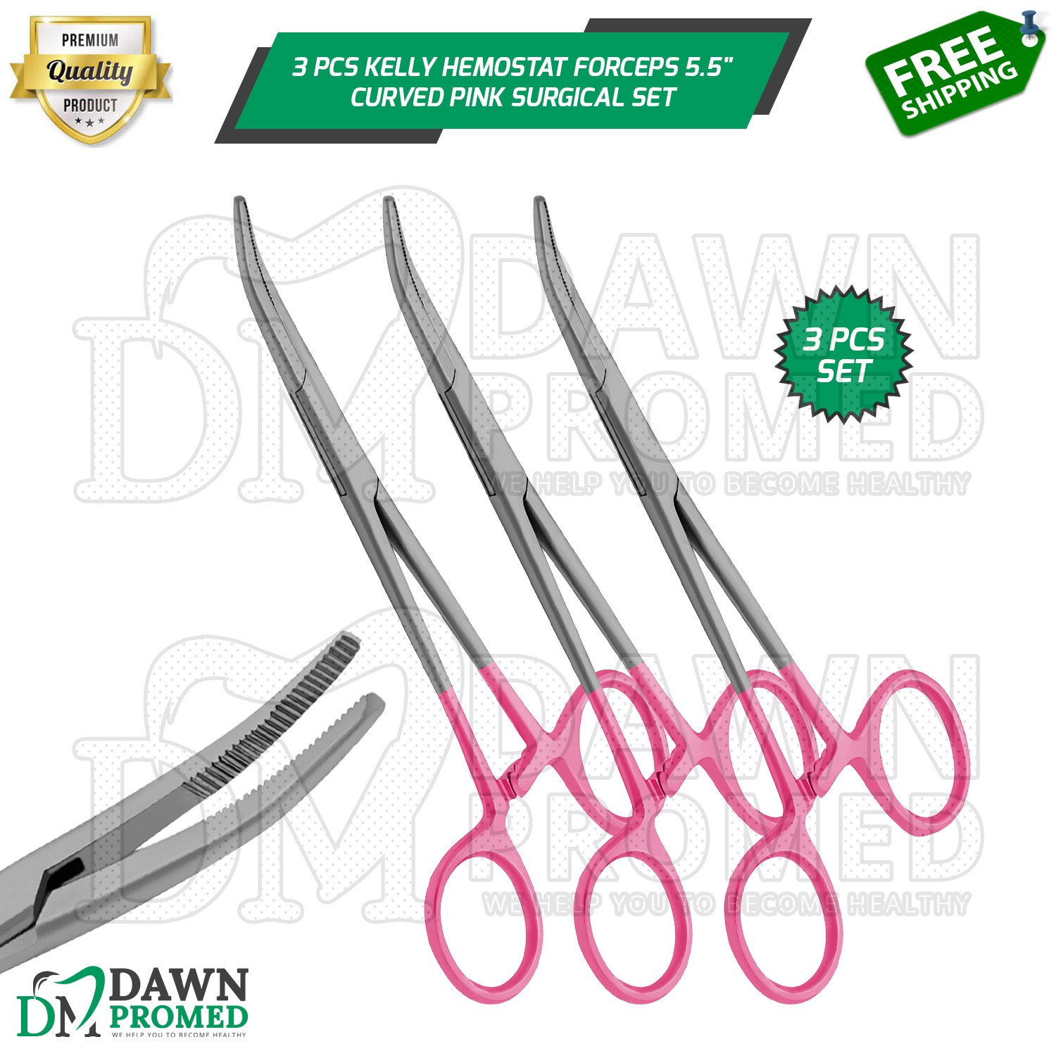 3 Pcs Kelly Hemostat Forceps 5.5" Curved Pink Surgical Instruments Set German Gr