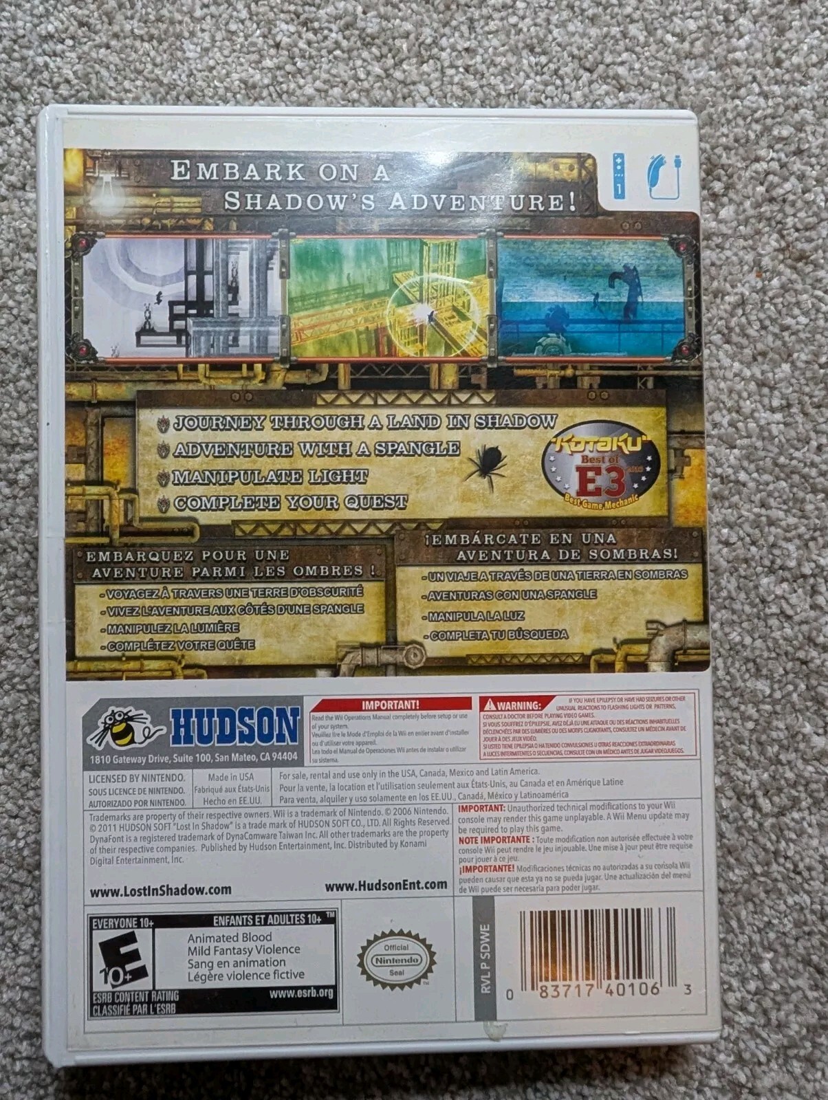 NO GAME Lost In Shadow Nintendo Wii Case Manual