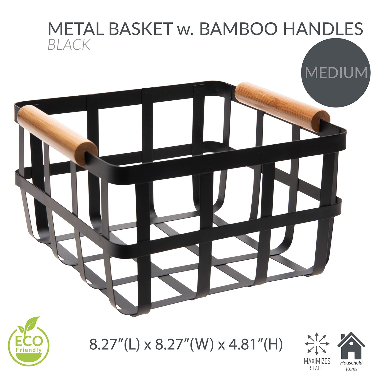 Simplify Square Metal Storage Basket with Bamboo Handles | Medium, Black