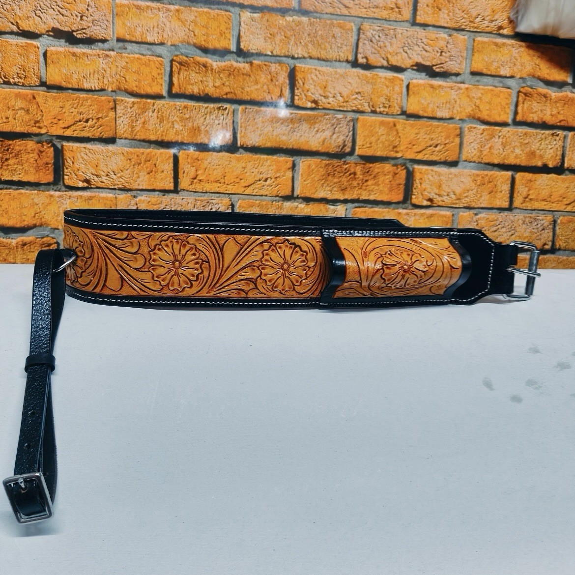 Horse Western Tooled Padded Engraved Leather Rear Flank Saddle Cinch +Billets
