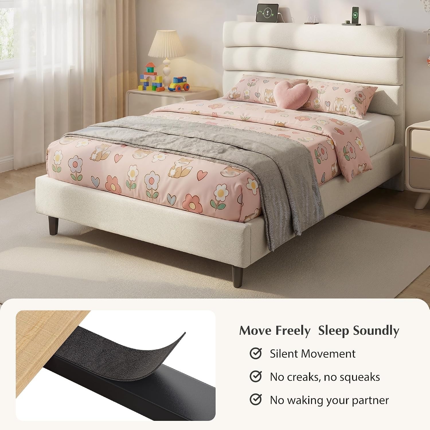 Twin Size Bed Frame W/ Adjustable Height Headboard Noise-Free Upholstered