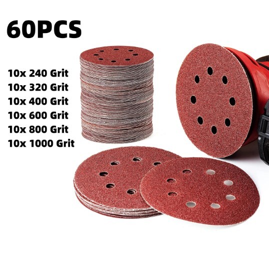 60Pcs 5" Sanding Discs 8-Hole Orbital Sander Sandpapers 240-1000 Grit Sand Pads