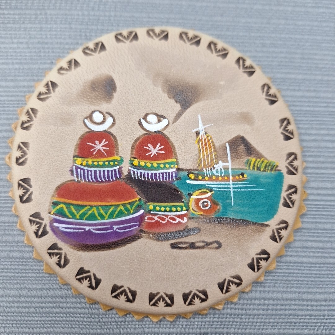 Vintage Hand Painted Leather Coasters Set 6 With Holder Peru Folk Art
