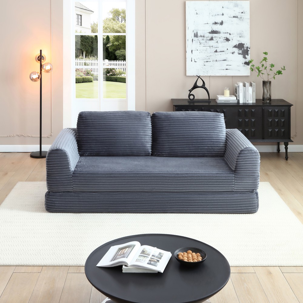 Modern Sleeper Sofa Bed 2-in-1 Futon Couch w/ Pillows Grey Corduroy