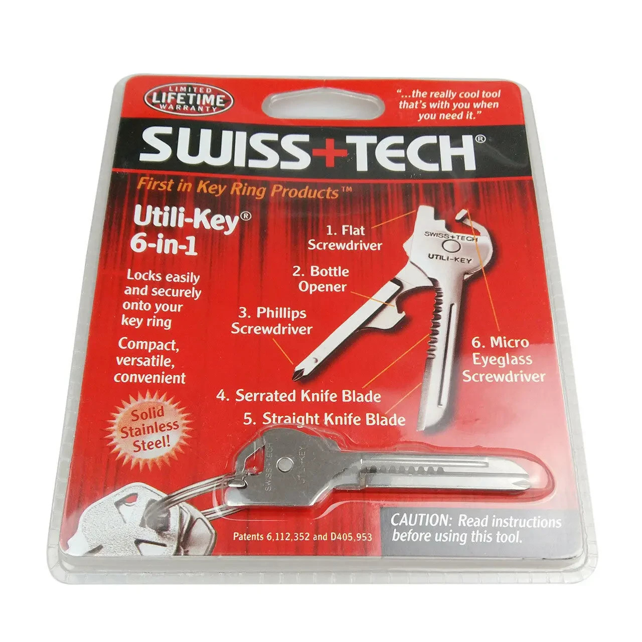 Swiss+Tech 6 In 1 Utili Multi Function Stainless Steel Key Tool Keychain Keyring