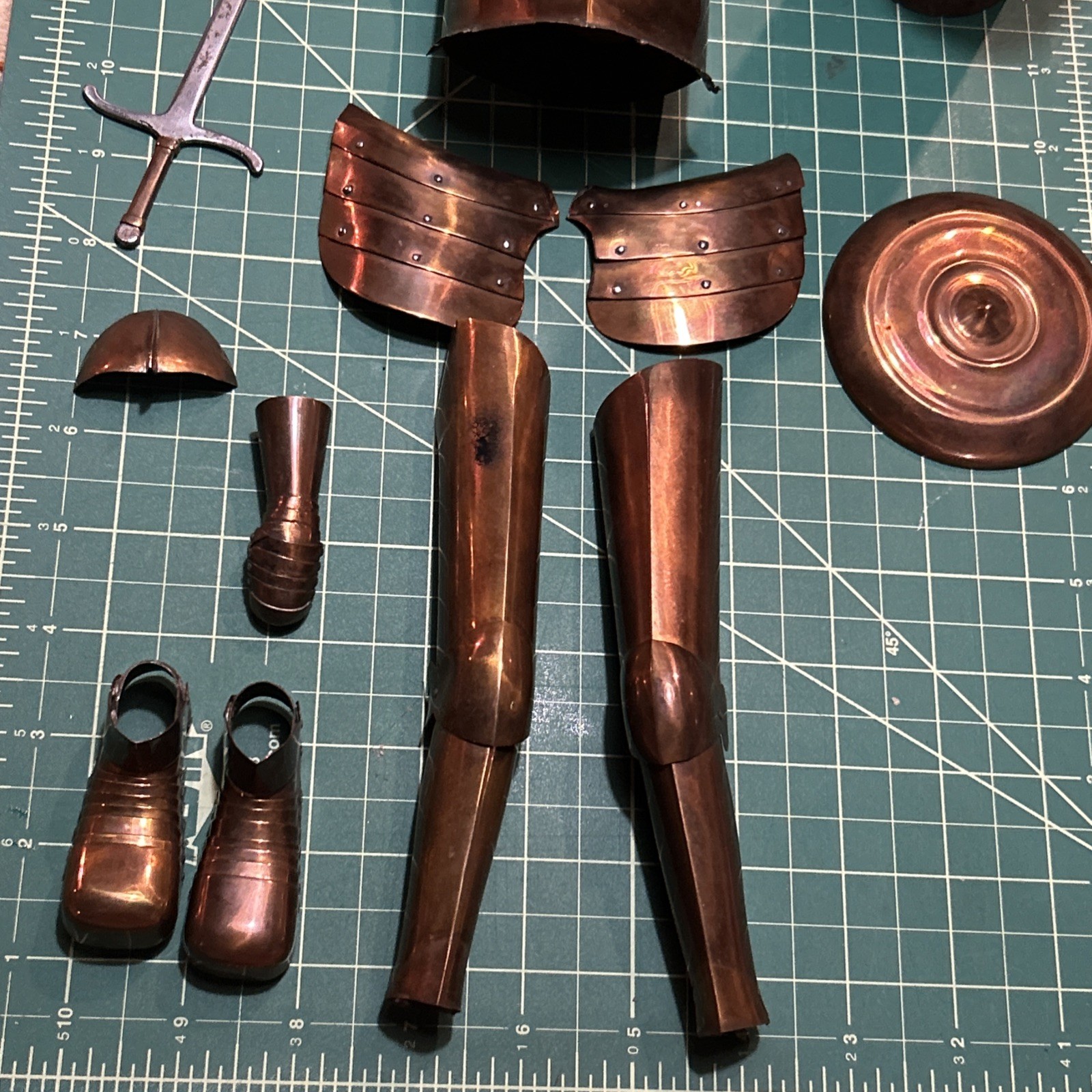 1930s-60s 12” Copper Mini Knight Armor Set + Sword Shield & Steel Stake Anvil