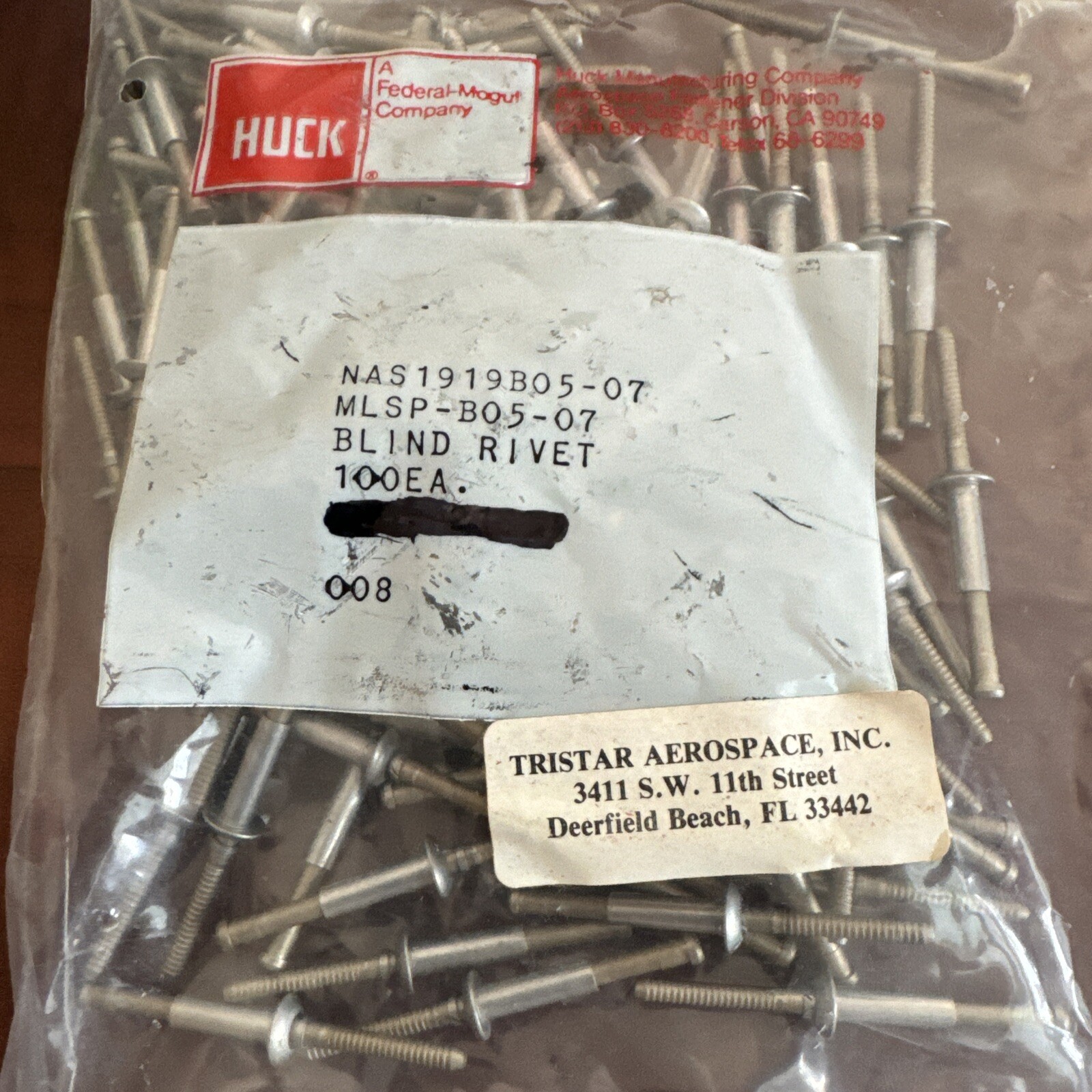 Quantity-100 NAS1919B0507 HUCK Blind rivets. New. BB7 R11