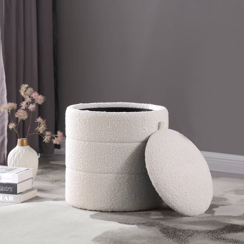 HomePop Boucle Ottoman Round Storage Bedroom Vanity Living Room Cream
