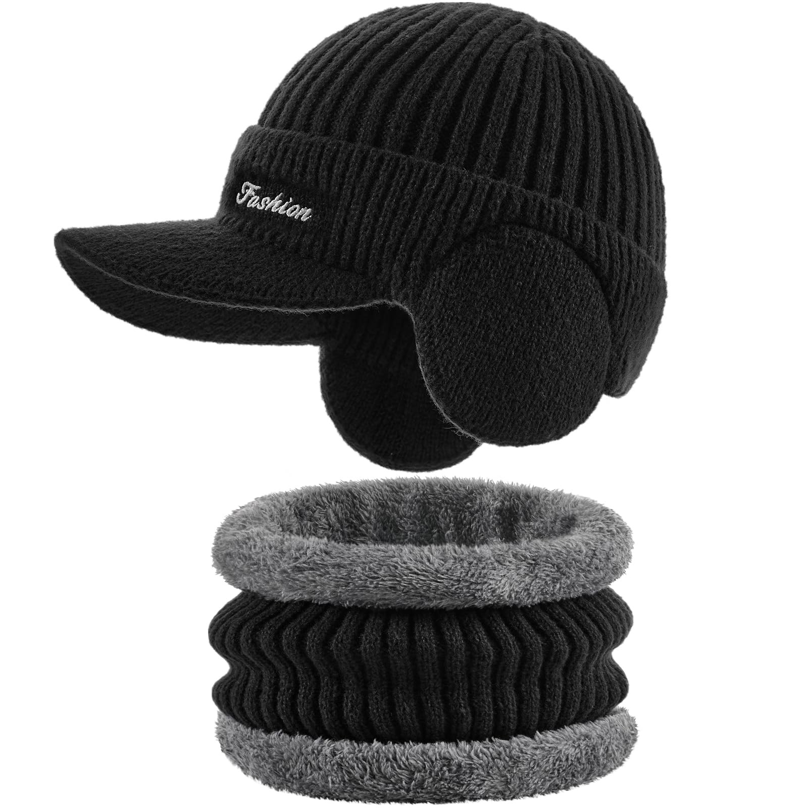 Winter Hat with Ear Flaps for Men, Beanie Brim Scarf 22"-25", Black