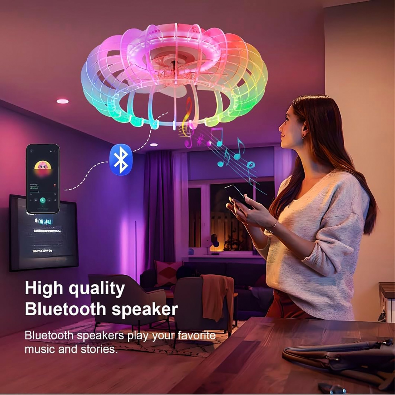 21" LED Ceiling Fan with RGB Light Flush Mount Bluetooth Speaker Remote Control